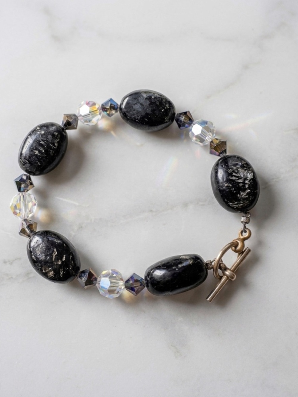 Vintage 90s Natural Stone & AB Crystal Toggle Bracelet Midnight Silver Flash